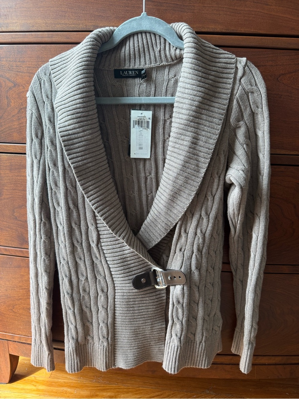 Lauren Ralph Lauren Cable-Knit Shawl Collar Buckled Cardigan Sweater - Taupe - Picture 2 of 6